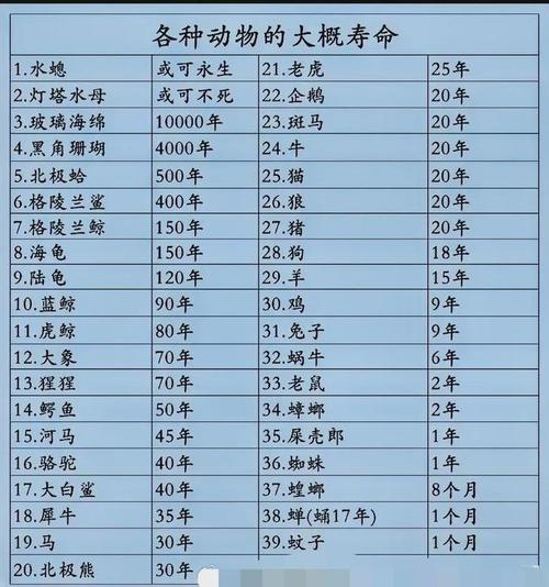 动物寿命100排名